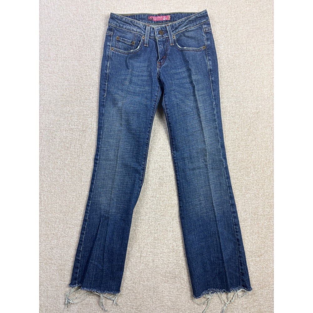 Levis 524 Too Superlow Flare Jeans Womens 1M Blue Denim Low Rise Raw Hem
